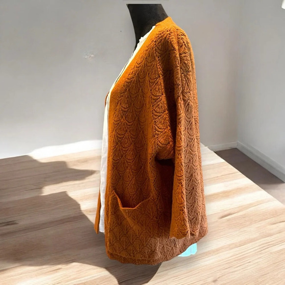 Coco + Carmen Open Front Cardigan Scallop Arm Hem 3/4 Sleeve S/M Rust Orange - Picture 2 of 9